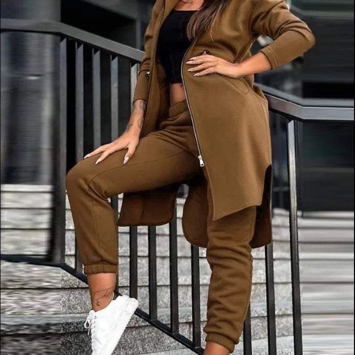 Luxury women's hooded zipper long coat tracksuit featuring ankle-length pants, perfect for office style in a regular fit.