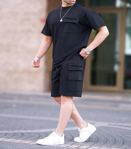 Close-up detail of the luxurious fabric and casual fit of the Men's Utility T-Shirt, embodying sophistication and practicality for summer wear.