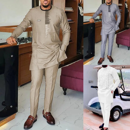 Men's luxury white geometric print two-piece suit, featuring an elegant O-neck collar and drawstring pants, perfect for casual occasions.