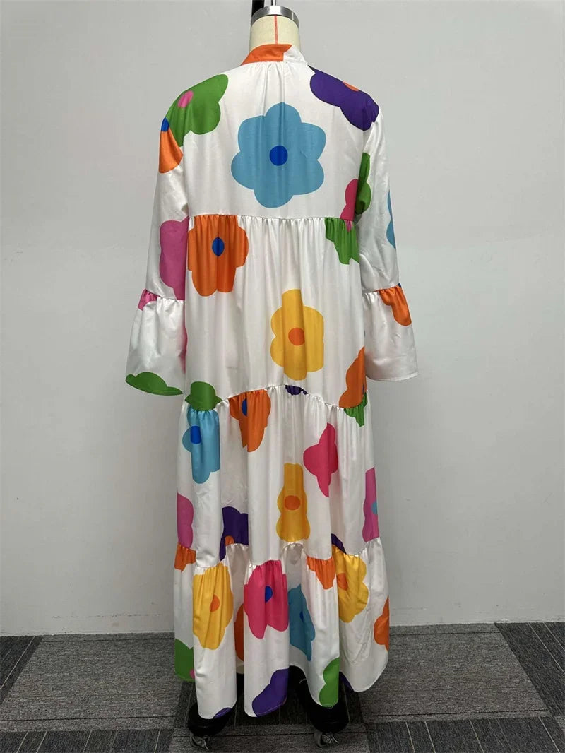 Elegant floral print long sleeve shirt dress for women, featuring a casual oversized design ideal for ankle-length elegance.