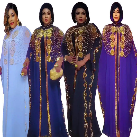 Luxury rhinestone embellished two-piece chiffon African dress set for plus size women, featuring elegant bubu style.