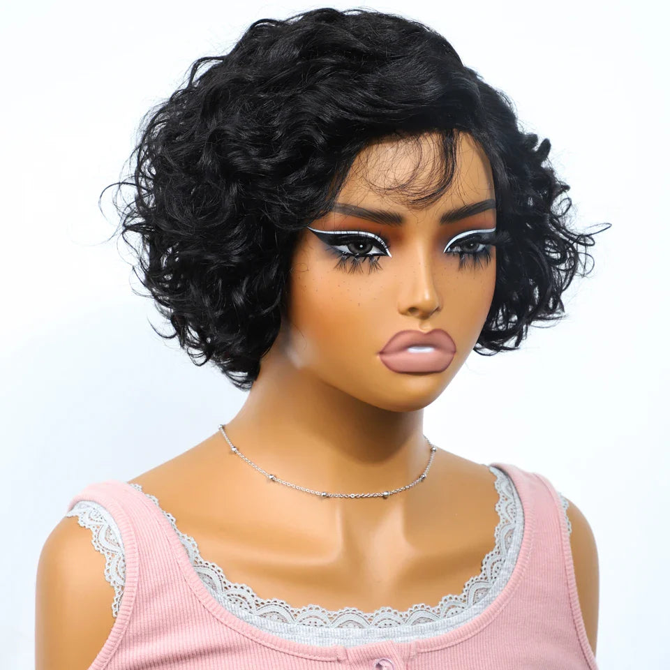 Close-up view of luxurious wavy pixie cut wig crafted from exquisite Brazilian Remy hair, showcasing its rich texture and quality craftsmanship.