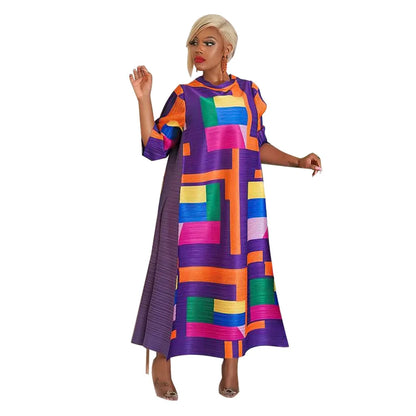 Elegant African Plus Size O-Neck Pleated Long Dress showcasing a luxurious design with 3/4 sleeves, perfect for traditional occasions.