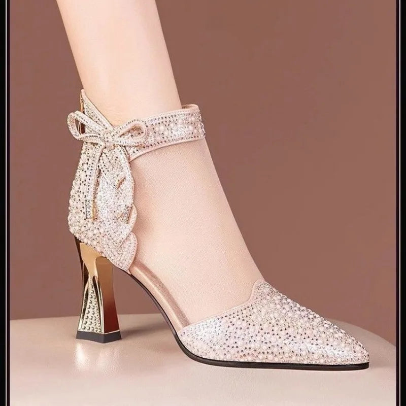 Elegant rhinestone high heel ankle boots for women, featuring breathable pointed toe design and exquisite crystal embellishments, perfect for dressy occasions, available in size 43.
