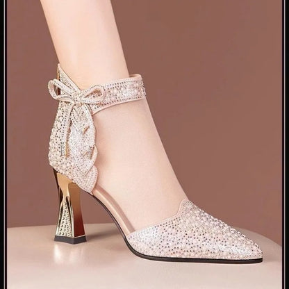 Elegant rhinestone high heel ankle boots for women, featuring breathable pointed toe design and exquisite crystal embellishments, perfect for dressy occasions, available in size 43.