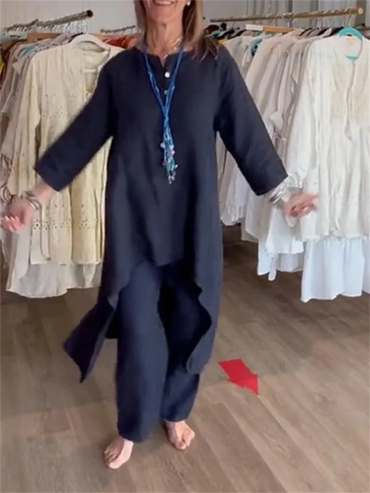 Premium quality pure colour cotton linen women's suit, featuring a comfortable loose fit, V-neck collar, and three quarter sleeves, perfect for elevating your office wardrobe.