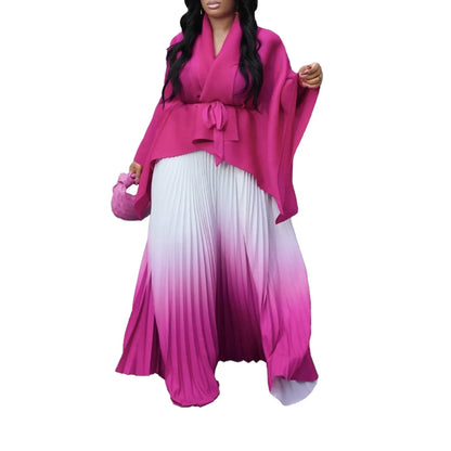 CM.YAYA Women's luxurious gradient blouse with full sleeves, paired with a pleated long skirt, perfect for autumn and winter fashion.