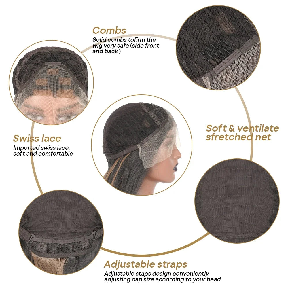 Luxury 13x6 body wave ombre lace front wig in honey blonde, crafted from high temperature synthetic hair with light brown lace.