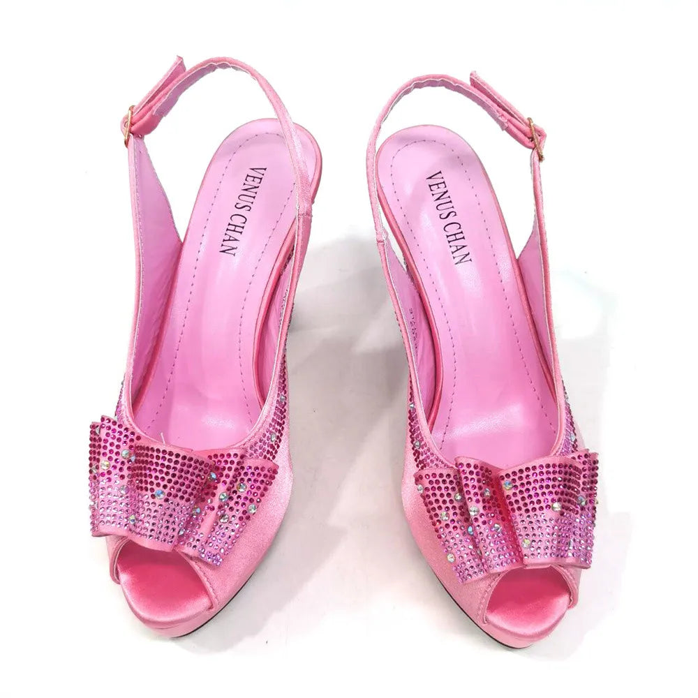 Luxury pointed toe slingback sandals in coffee colour, elegantly paired with a matching bag set, designed for women, with a bling fashion element.