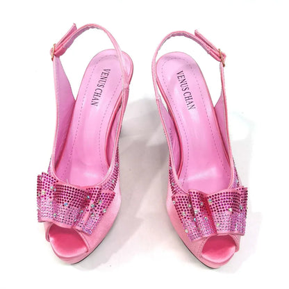 Luxury pointed toe slingback sandals in coffee colour, elegantly paired with a matching bag set, designed for women, with a bling fashion element.