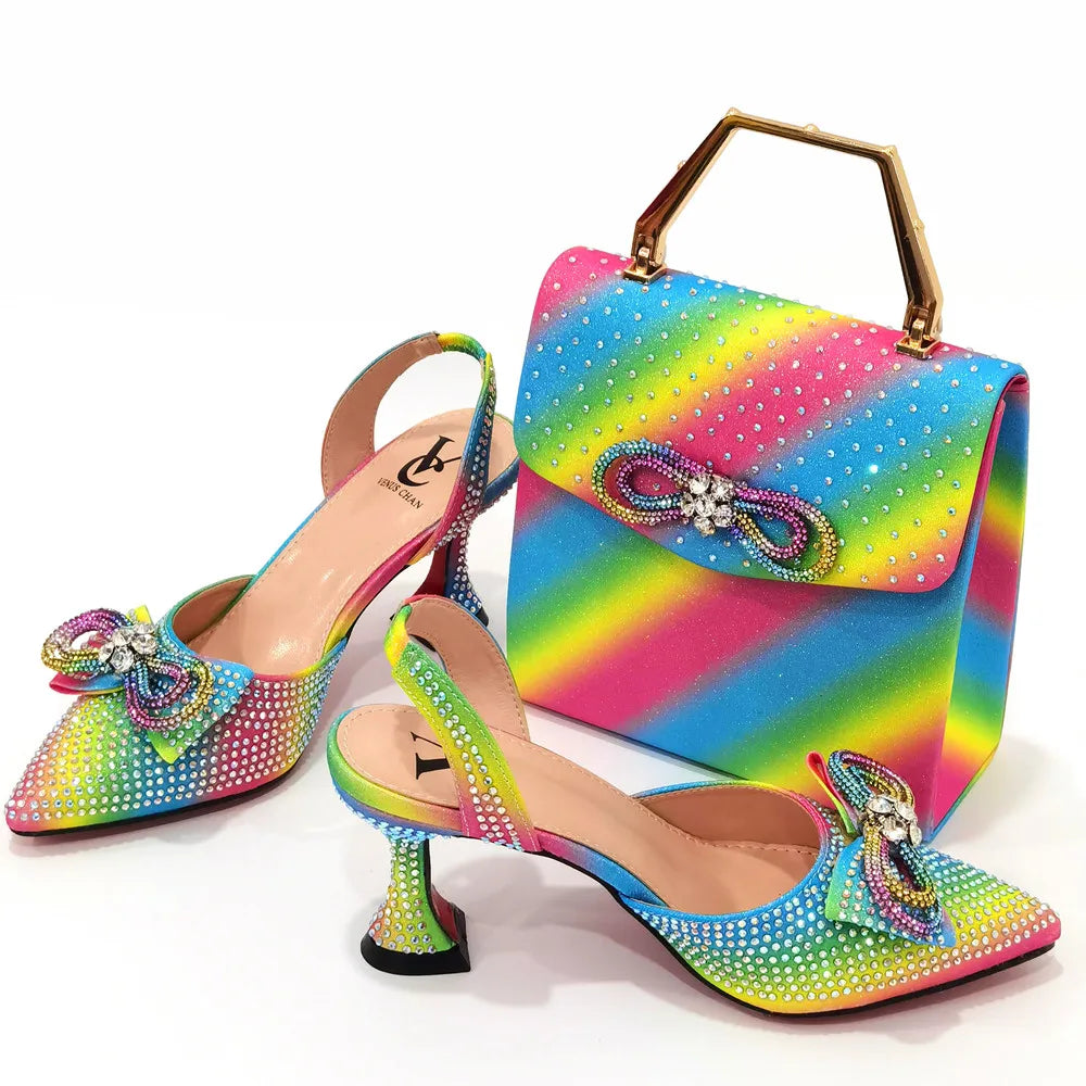 Glamorous women's shoe and handbag set, highlighting luxury materials and perfect for evening wear or special events.