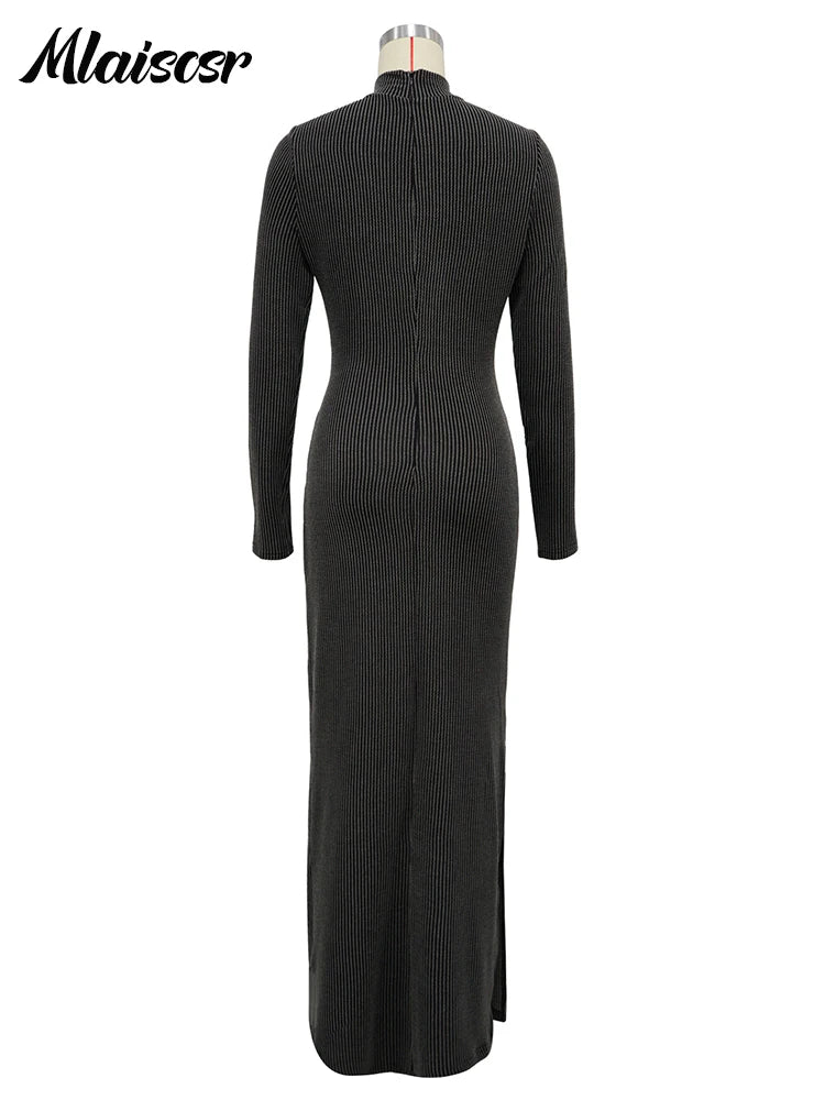 Glamorous women's floor-length bodycon dress with full sleeves and stunning ribbed texture, perfect for autumn and winter gatherings.