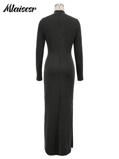 Glamorous women's floor-length bodycon dress with full sleeves and stunning ribbed texture, perfect for autumn and winter gatherings.