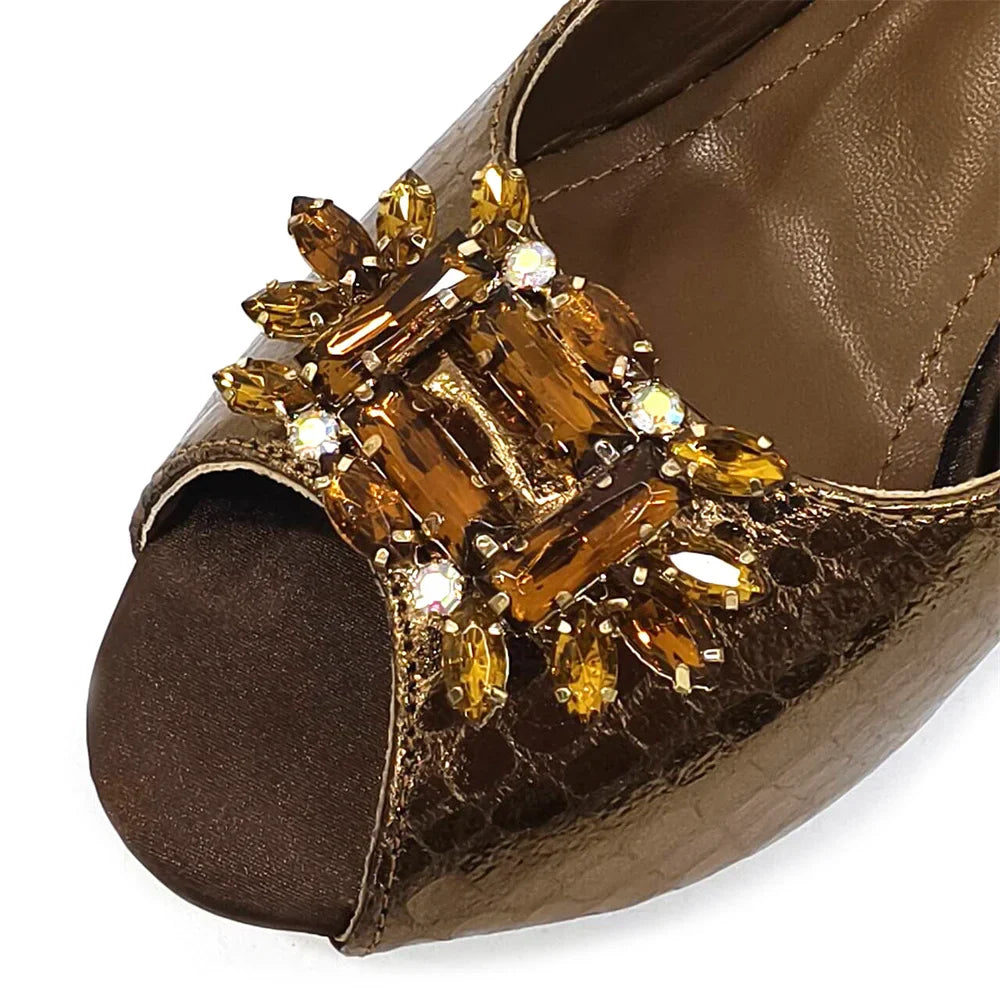 Close-up detail of luxury rhinestone embellishments on Italian women's shoes, highlighting sophistication and glamour.