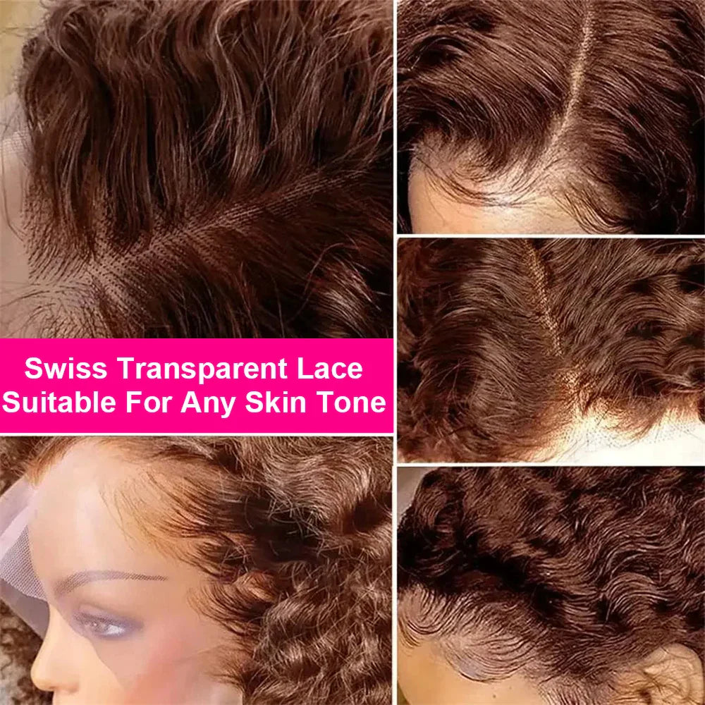 Luxurious Brown Kinky Curly Short Bob Wig 13x4 Lace Front, Brazilian Deep Wave Human Hair, Color #4, showcasing stunning natural curls.
