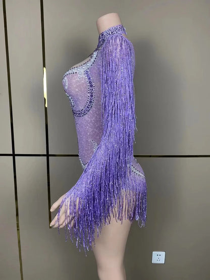 Luxury Women's Cha-Cha Dance Practice Suit featuring a chic slim stretch skirt and elegant fringe design, adorned with pearl accents.