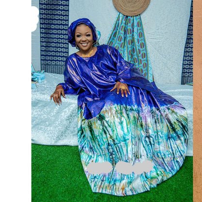 Luxury African Dashiki Bubu Dress in rich blue cotton, adorned with intricate embroidery lace and accompanied by a stylish shawl, perfect for elegant evening events and traditional occasions.