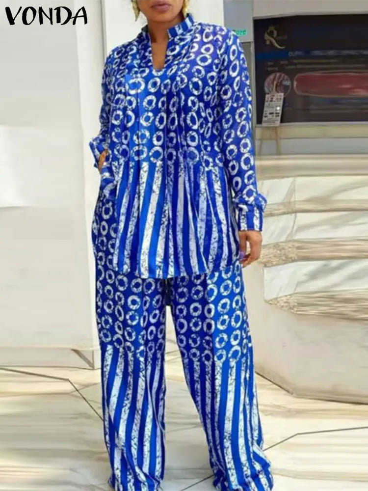 Elegant Plus Size 5XL VONDA Women's Casual Matching Set featuring a stylish Long Sleeve Polka Dot Shirt paired with Elastic Pants for a sophisticated look.