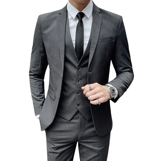 Elegant Men's Slim Fit Business Suit Set featuring a blazer, vest, and tailored pants in a solid colour, perfect for weddings and formal events.