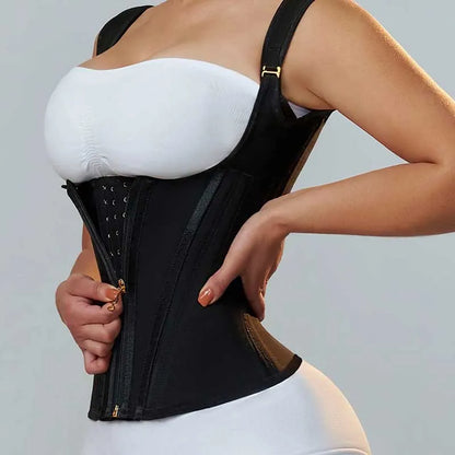 Luxury latex waist cincher corset featuring a stylish zipper and button closure, designed for elegant tummy control.
