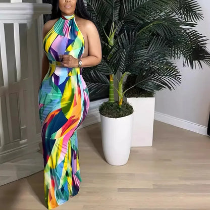 Elegant women's halter neck dress showcasing a sleeveless design, perfect for special occasions and luxurious events.