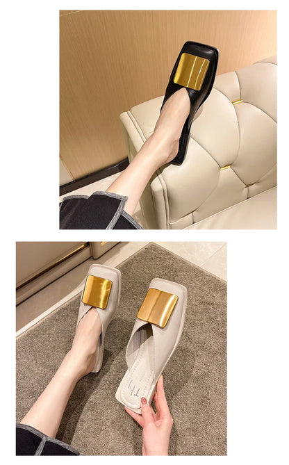 Elegant slip-on sandals for women, showcasing a flat heel and soft PU lining, ideal for outdoor summer wear.