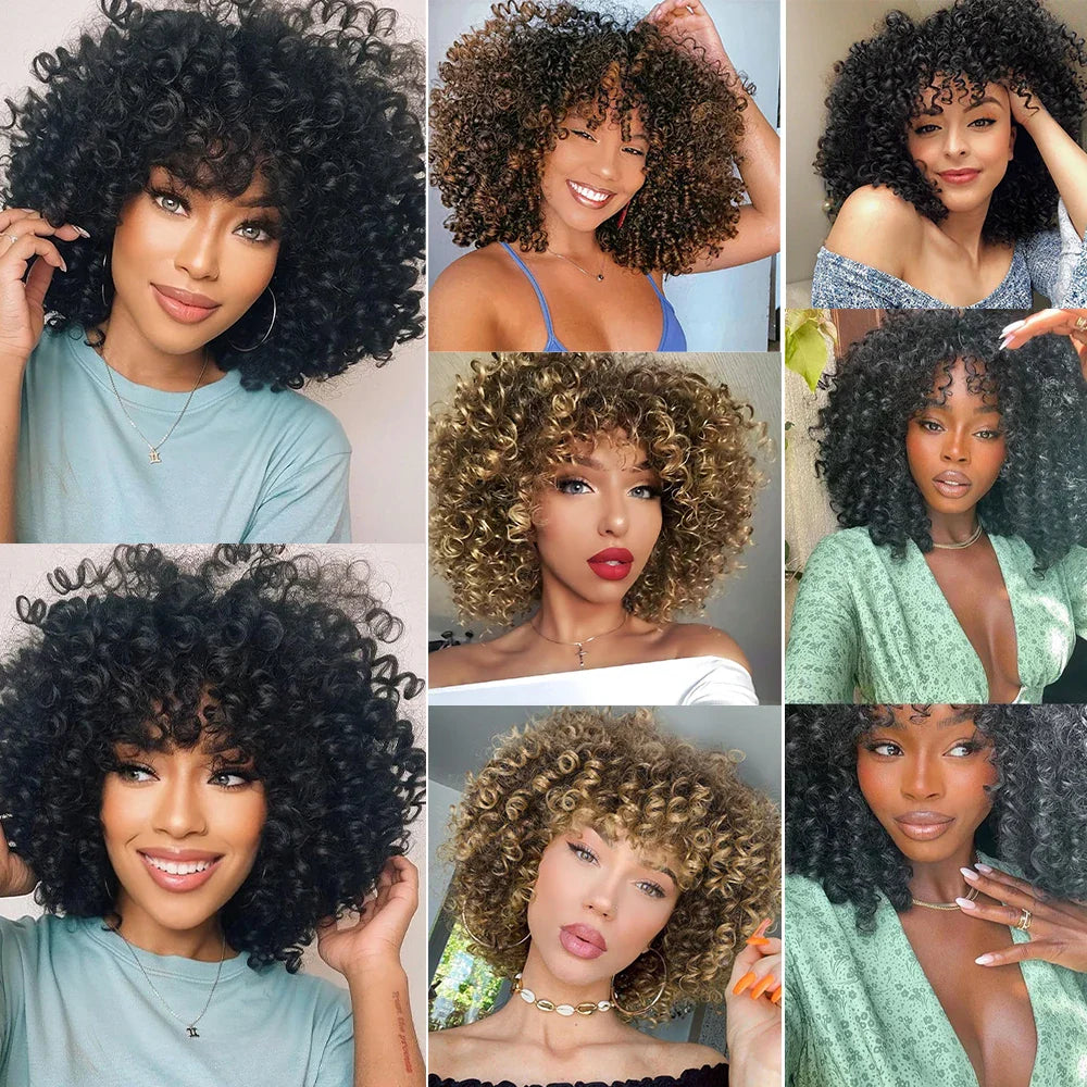 Detailed view of the luxurious short Afro curly blonde wig, highlighting the vibrant colour and soft fibers for comfortable wear.