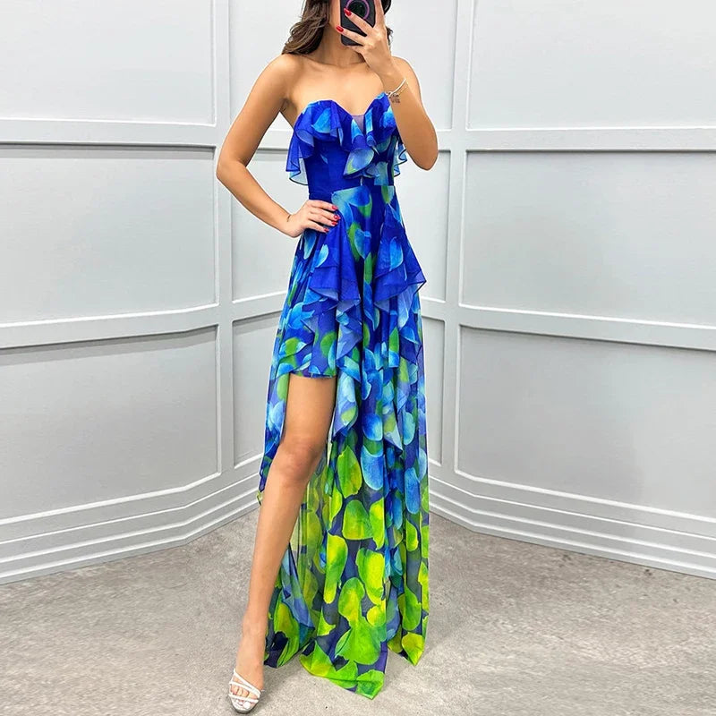 Stunning floor-length women's gown made from high-quality polyester, designed for a beautiful summer outing.