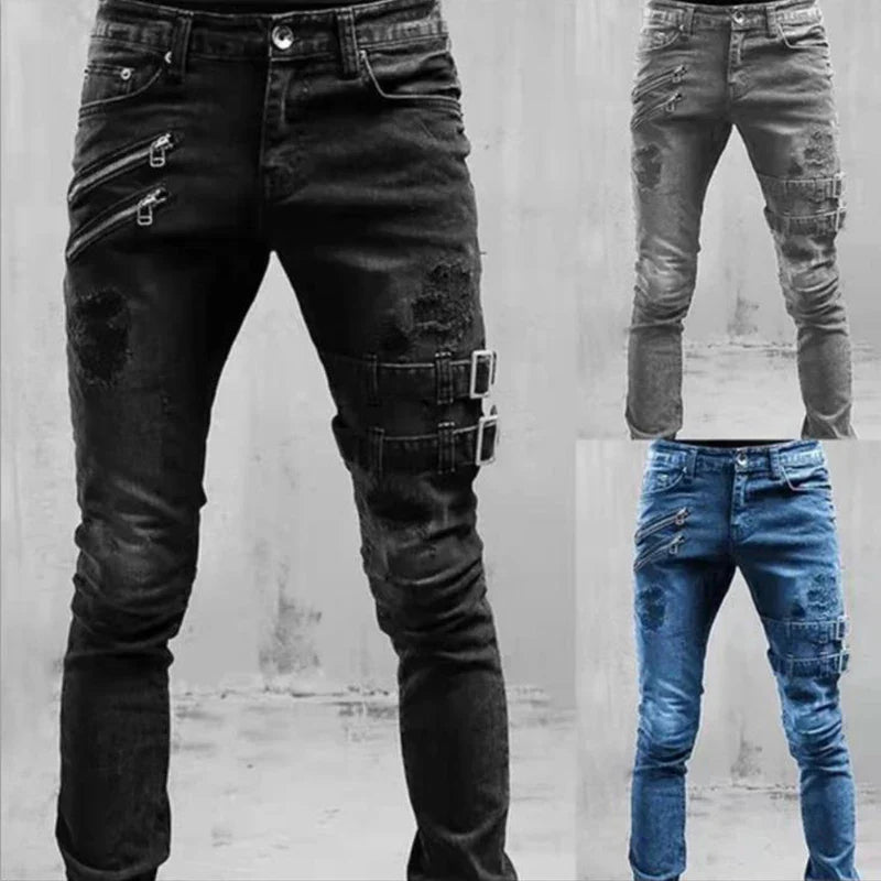 Full-length view of men's casual jogger jeans with a sleek skinny fit, perfect for luxe streetwear style.