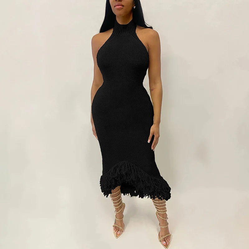 Elegant CM.YAYA Women’s Sleeveless Tassel Bodycon Dress showcasing a slim fit and mid-calf length, perfect for evening events.
