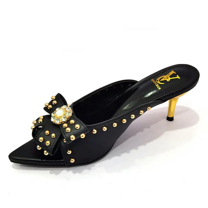 Glamorous women’s high heeled shoes with shining rivets, designed for casual occasions, radiating style and elegance.