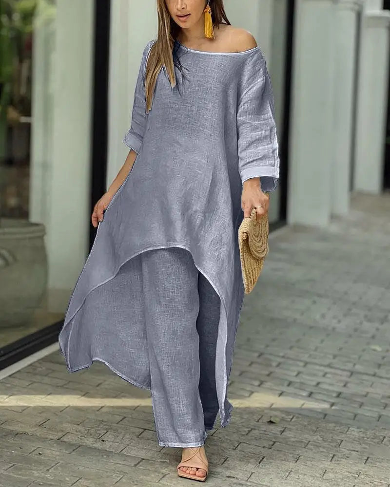 Elegant Women's Casual Cotton Linen Two Piece Set featuring an asymmetrical top, perfect for autumn and winter outfits.