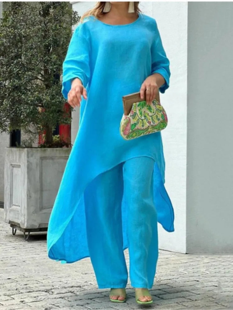 Elegant women's casual cotton linen two-piece set featuring an asymmetrical top and wide-leg cargo pants, ideal for autumn and winter, exuding sophistication and comfort.