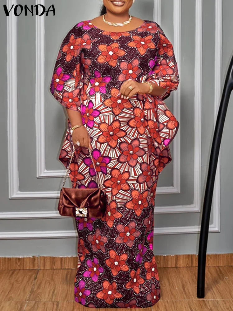 Luxurious polyester ankle-length maxi dress with a loose fit, showcasing a chic bohemian style for plus size women, ideal for summer occasions.