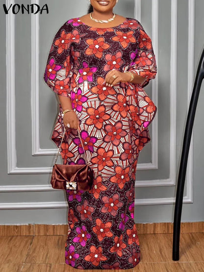 Luxurious polyester ankle-length maxi dress with a loose fit, showcasing a chic bohemian style for plus size women, ideal for summer occasions.