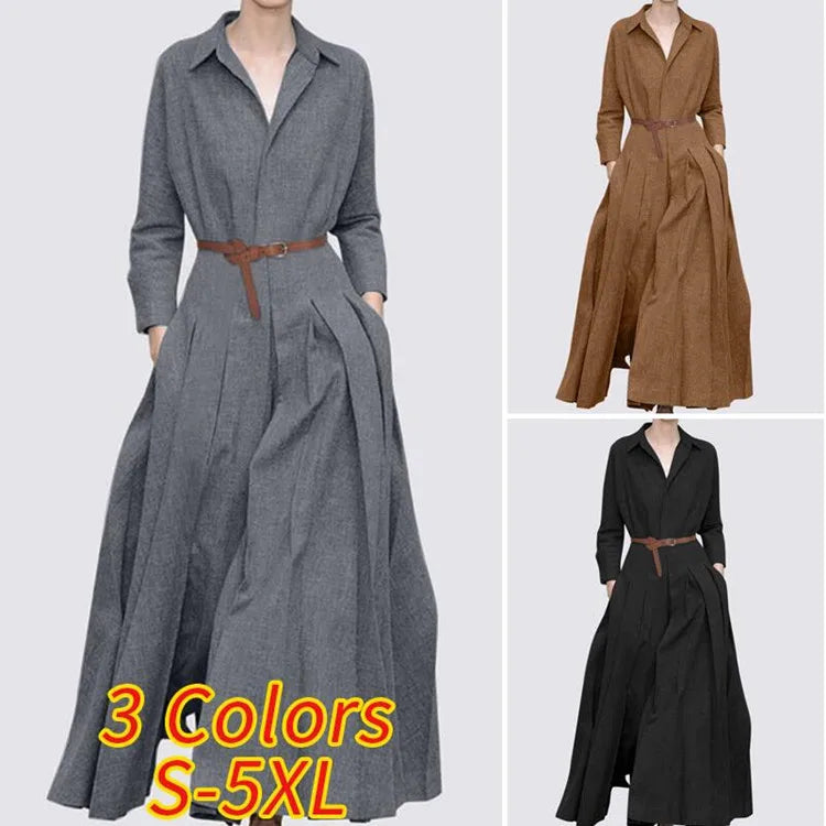 Elegant women’s maxi shirt dress featuring a chic V-neck and A-line silhouette, perfect for casual office wear. Available in sizes S-5XL.