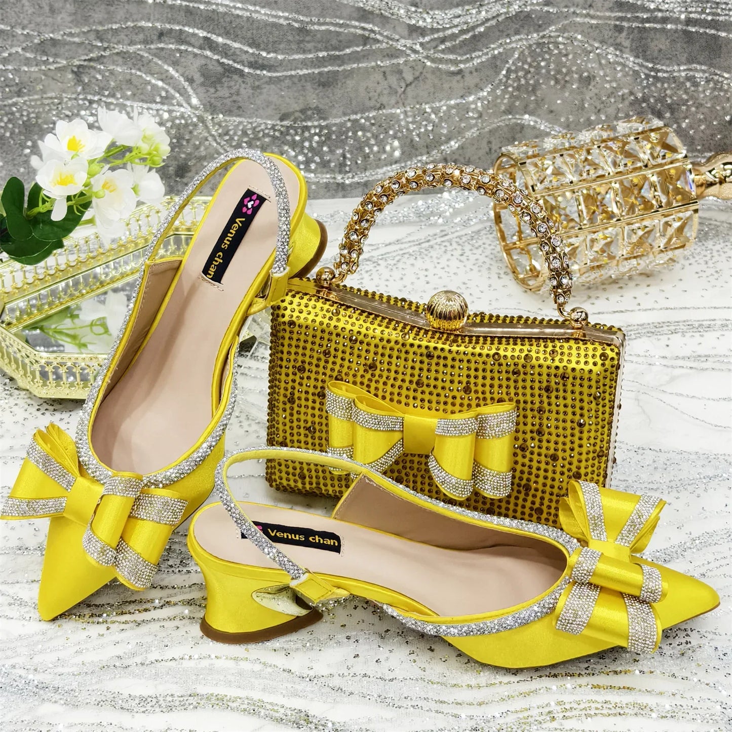 Fashion ensemble featuring elegant low heel pumps and matching bag set, ideal for special events.