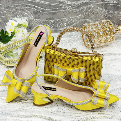 Fashion ensemble featuring elegant low heel pumps and matching bag set, ideal for special events.