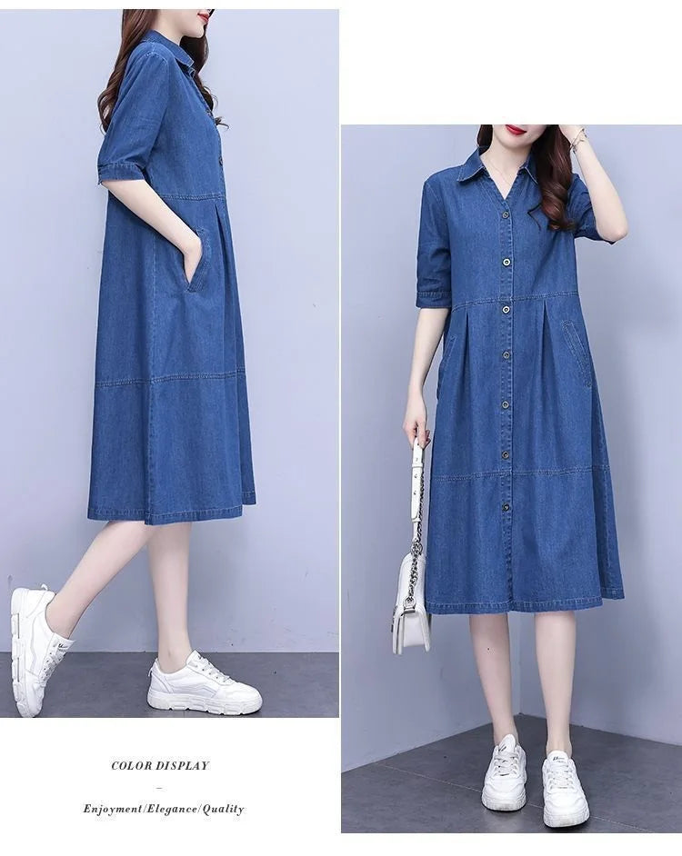 Exquisite cotton-blend denim dress in 5XL size, designed for middle-aged women with a stylish relaxed fit and elegant solid pattern.