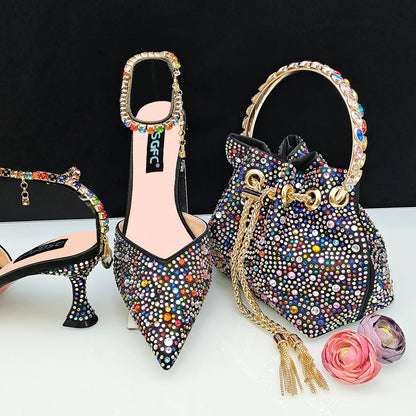 Elegant gold glitter high heels adorned with intricate rhinestone shapes, perfect for women's party fashion. Available in European sizes 38-43, these luxury pumps feature a pointed toe design and are ideal for stylish soirées.