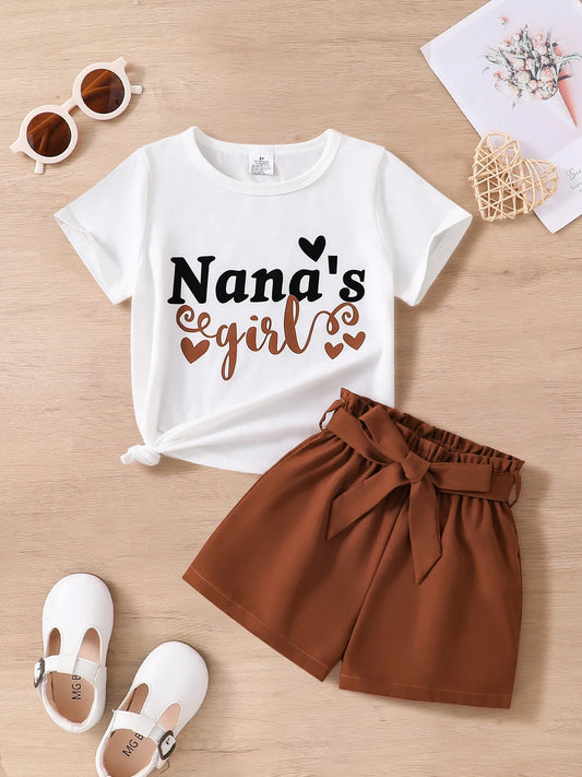 Luxury girls' summer 2-piece fashion set featuring breathable knitted O-neck tee with playful letter design and stylish brown slim fit shorts for ages 4-6Y.