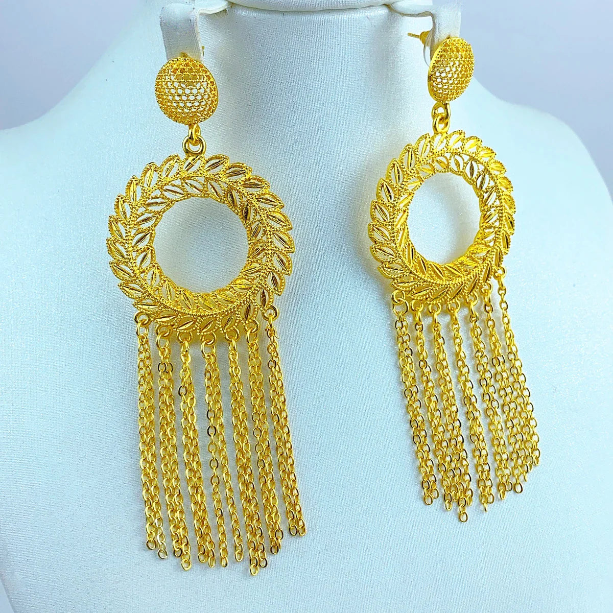 Chic 24K Gold Plated Drop Earrings designed for women, featuring tassels and a round shape, ideal for bohemian wedding looks.