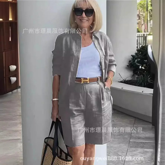 Stylish women's cardigan and shorts ensemble with V-neck collar, crafted from high-quality synthetic fiber, perfect for chic summer outings.