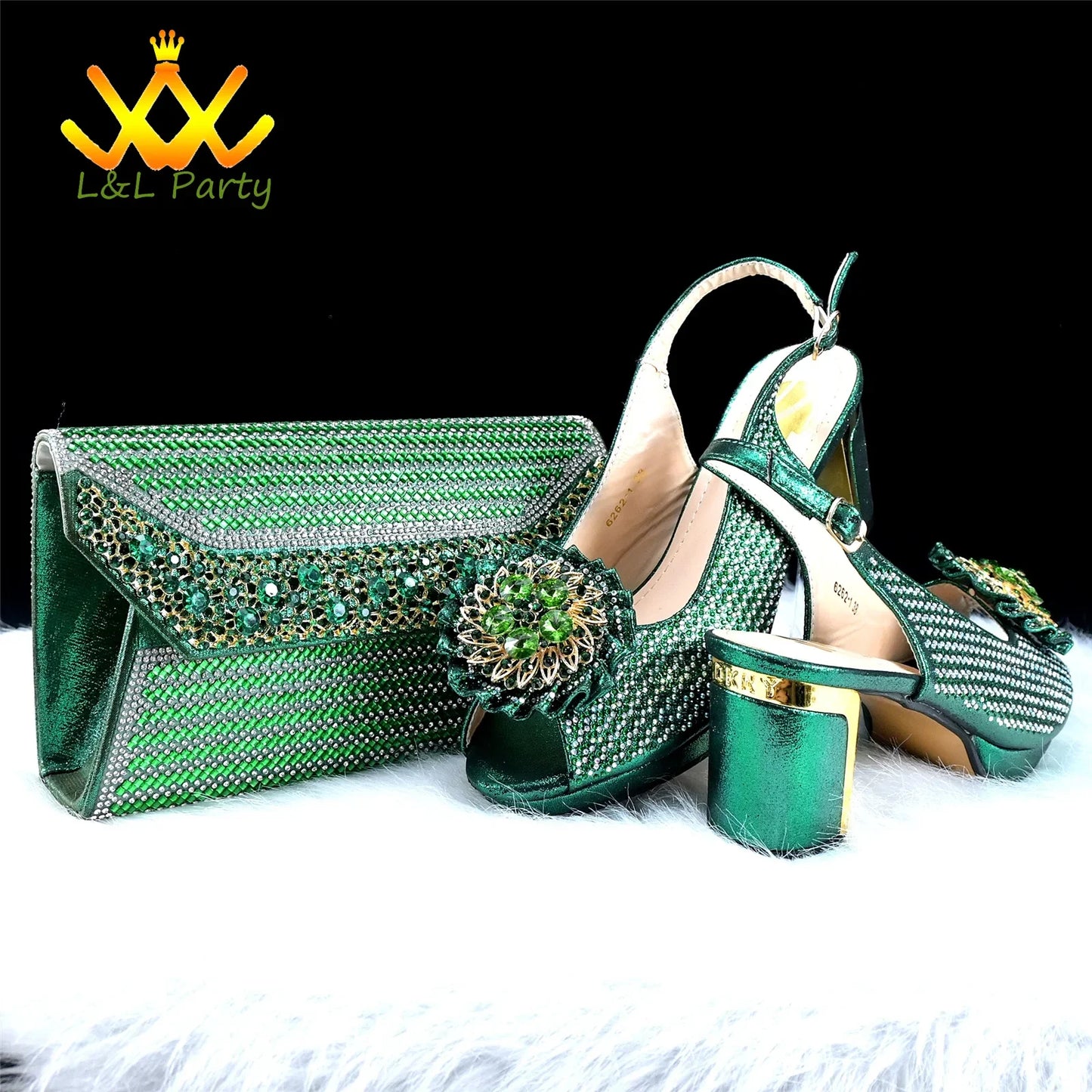 Matching handbag for elegant women, crafted to complement the green crystal platform sandals, exuding luxury and style for wedding attire.