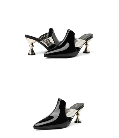 Elegant high heel slippers for women, showcasing pointed toe style in black, perfect for luxurious summer occasions.