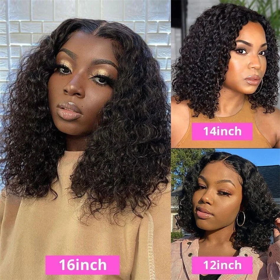 A fashionable model showcasing the stunning 13x4 lace frontal bob wig with lustrous water wave curls, ideal for a chic and glamorous look.