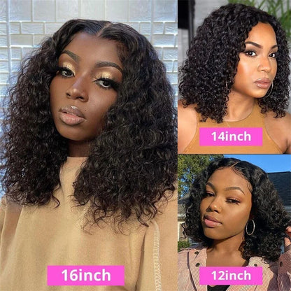 A fashionable model showcasing the stunning 13x4 lace frontal bob wig with lustrous water wave curls, ideal for a chic and glamorous look.
