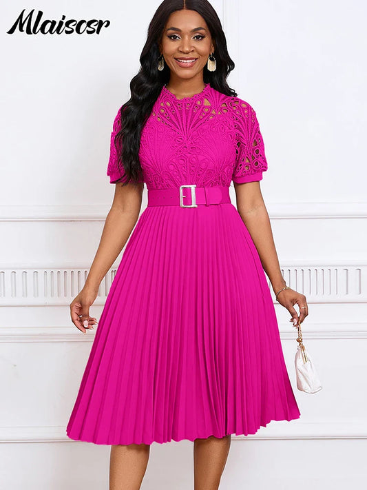 Mlaiscsr Luxury Pleated Dress for Women featuring elegant O-neck lace short sleeves with a stylish belt, perfect for weddings and parties, showcasing a sophisticated slim fit and pleated silhouette.
