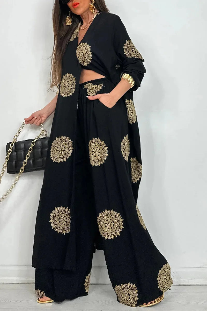 Wide leg pants from the women's vintage robe set with high waist design, ideal for a chic and relaxed stylish appearance.