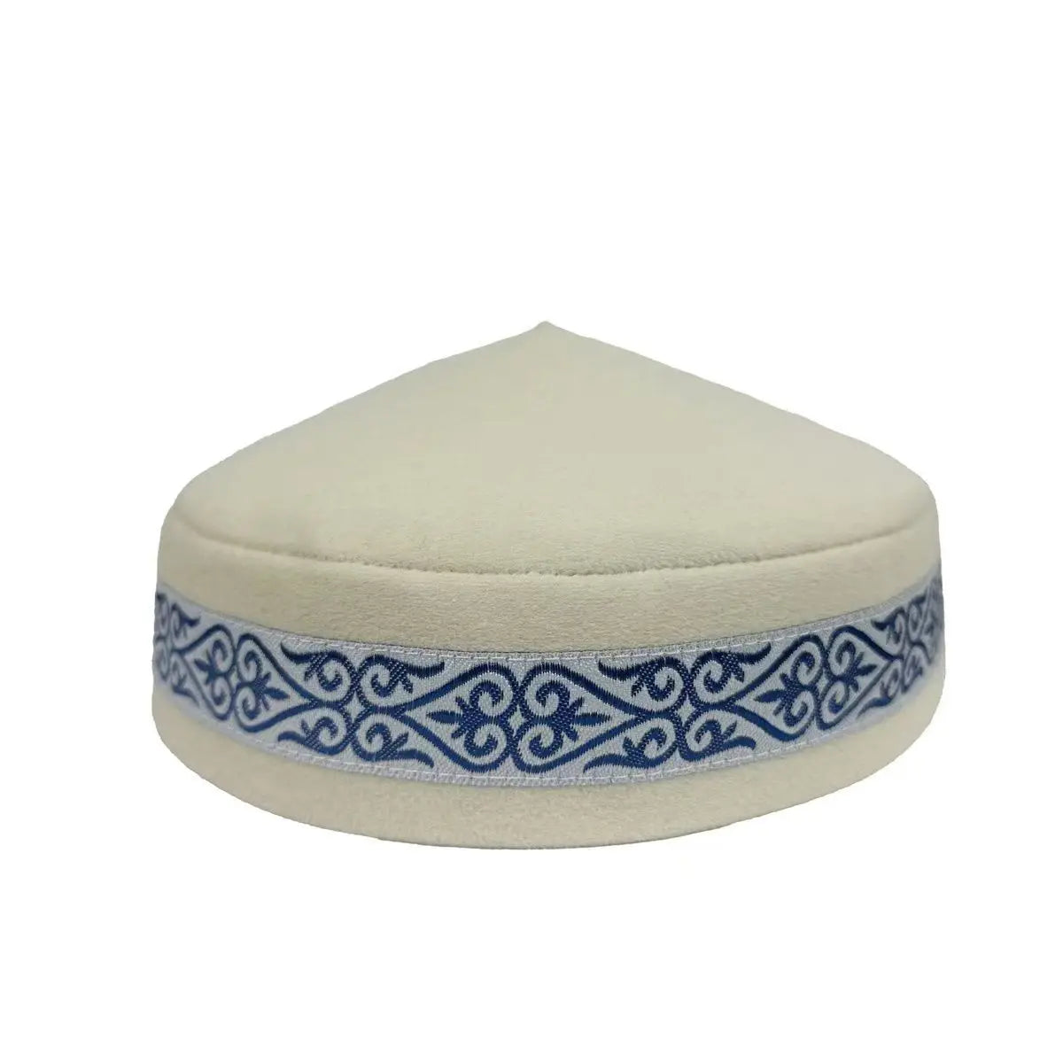 Elegant Kazakh handmade hat in blue, featuring exquisite embroidery, perfect for outdoor occasions and stylish winter wear.